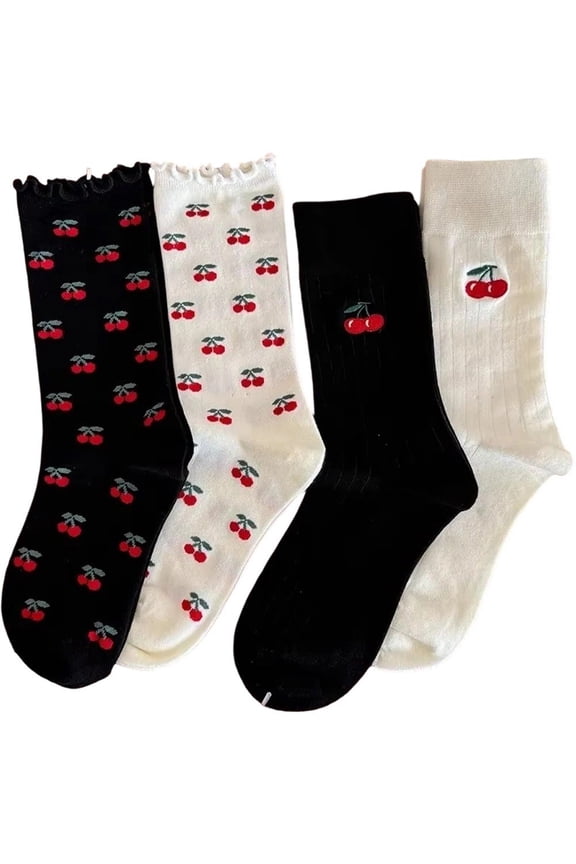 4 Pairs Womens Cute Crew Socks Japanese Style Cherry Embroidered Mid-Calf Socks Casual Breathable Novelty Socks for Women