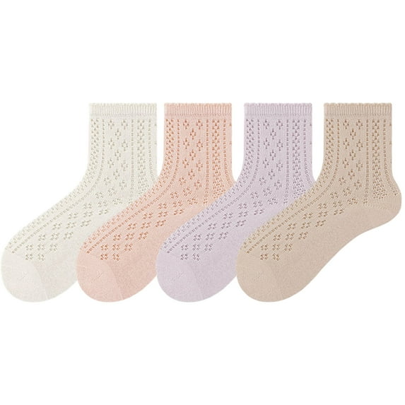 4 Pairs Women's Lace Knit Crew Socks Lightweight Breathable Mesh Style with Elastic Cuff in Assorted Patterns - 4 pairs-B