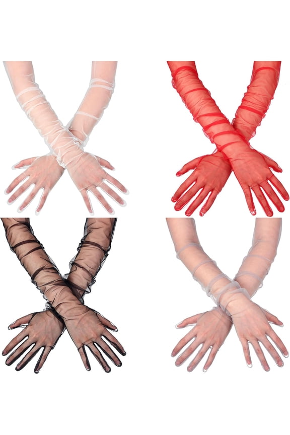 4 Pairs Women's Long Tulle Gloves - Sheer Elbow Length for Wedding, Opera, and Party