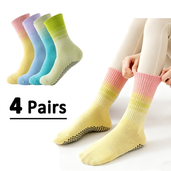 4 Pairs Womens Non-Slip Grip Socks Mid-Calf Fashion Socks for Yoga, Pilates & Barre