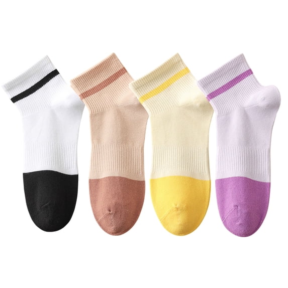 4 Pairs Women's Seamless Cotton Ankle Socks Breathable Stretch Ribbed Cuff in Assorted Color Block Design - 4 pairs-B