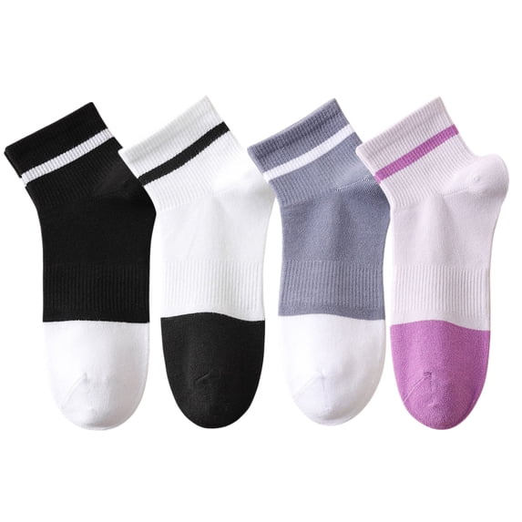 4 Pairs Women's Seamless Cotton Ankle Socks Breathable Stretch Ribbed Cuff in Assorted Color Block Design - 4 pairs-C