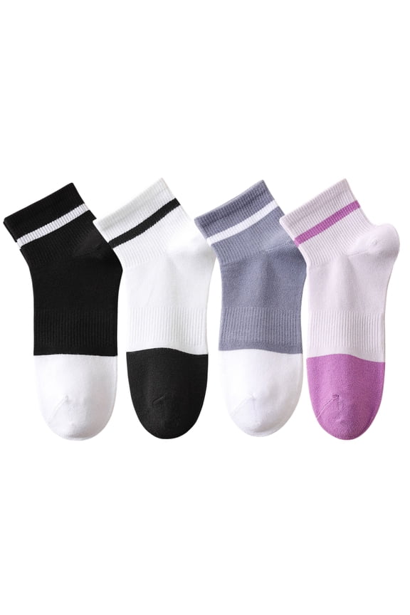 4 Pairs Women's Seamless Cotton Ankle Socks Breathable Stretch Ribbed Cuff in Assorted Color Block Design - 4 pairs-C