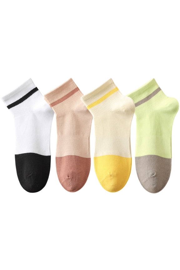 4 Pairs Women's Seamless Cotton Ankle Socks Breathable Stretch Ribbed Cuff in Assorted Color Block Design - 4 pairs-D