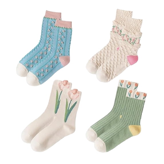 4 Pairs Women's Socks Colorful, Socks for Women, Womens Floral Socks, Novelty Pattern Frilly Patterned Socks Comfort Cuff Embroidered Casual Socks
