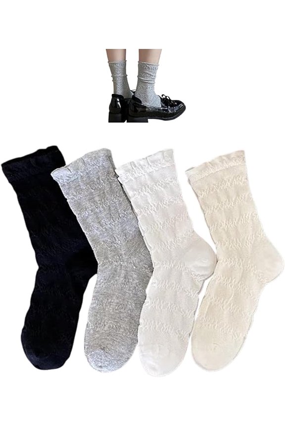 4 Pairs Women's Sweet Hollow Letter Frilly Socks,Cotton Breathable Casual Mid Calf Socks for Daily Size 5-9