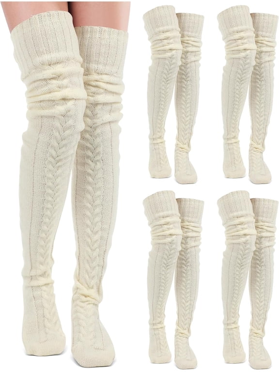 4 Pairs Women's Thigh High Socks Cable Knitted Over the Knee Socks Long Leg Warm Winter Boot Stocking for Women