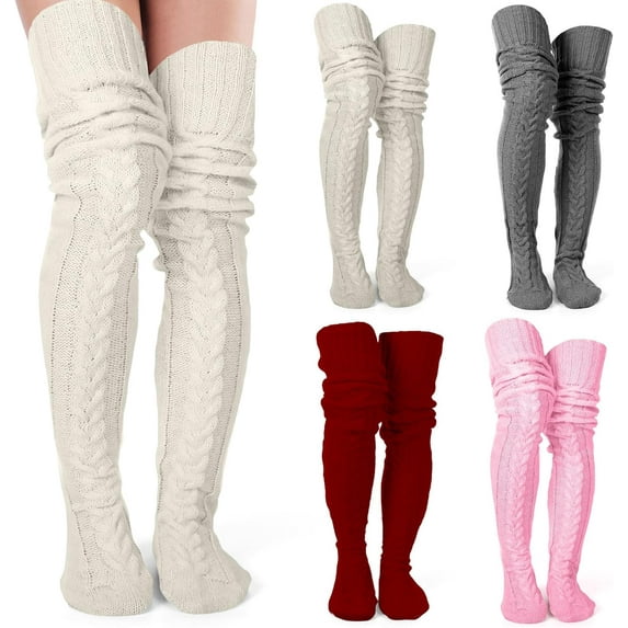 4 Pairs Women's Thigh High Socks Cable Knitted over Knee Sock Long Leg Warm Winter Boot Socks for Women