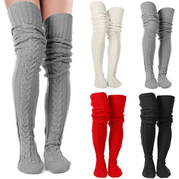 4 Pairs Women's Thigh High Socks Cable Knitted over Knee Sock Long Leg Warm Winter Boot Socks for Women