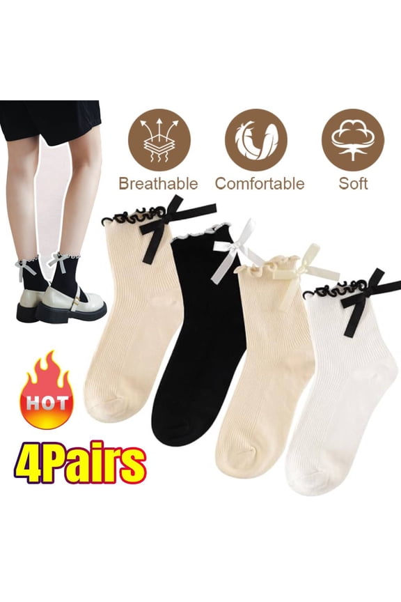 4 Pairs Womens Bow Socks,Cute Frilly Ruffle Casual Crew Socks, Soft Breathable Cotton JK Bow Socks