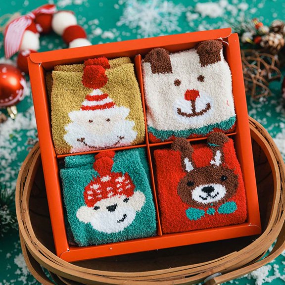 4 Pairs Womens Christmas Socks with Gift Box Winter Soft Warm Fuzzy Socks Cozy Fluffy Slipper Socks for Women Mens Gifts