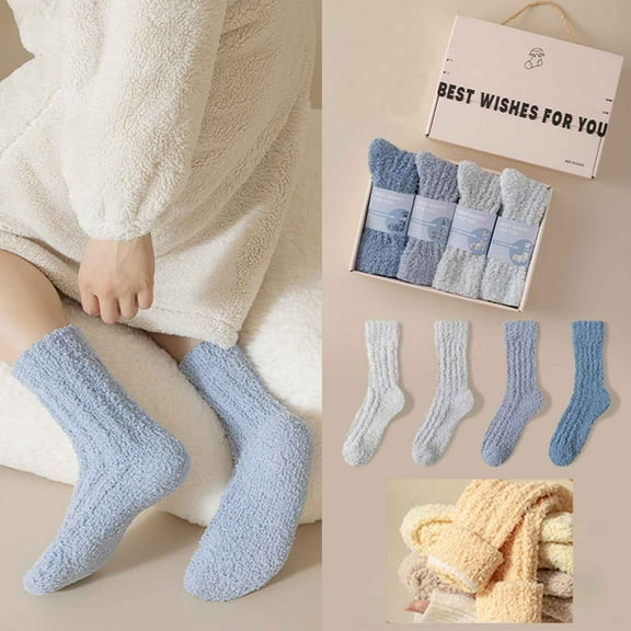 4 Pairs Womens Fuzzy Socks with Exquisite Box Thicken Coral Velvet Winter Warm Slipper Floor Socks Cozy Soft Socks Fluffy Cute Christmas Stocking