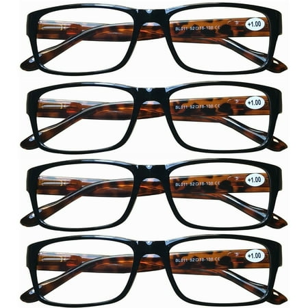 4 Pairs Womens Mens Unisex Rectangular Blue Light Blocking Reading Glasses Spring Hinge Readers +0.75