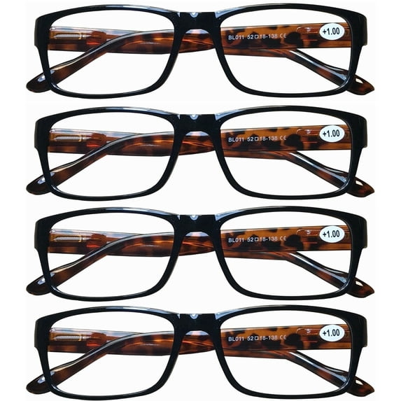 4 Pairs Unisex Rectangular Blue Light Blocking Reading Glasses Spring Hinge Readers