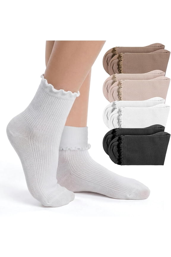 4 Pairs Womens Ruffle Socks, Cute Ruffle Frilly Turn Cuff Ankle Socks Breathable Knit Crew Sock Casual Solid Cotton Warm Sock for Women Girls