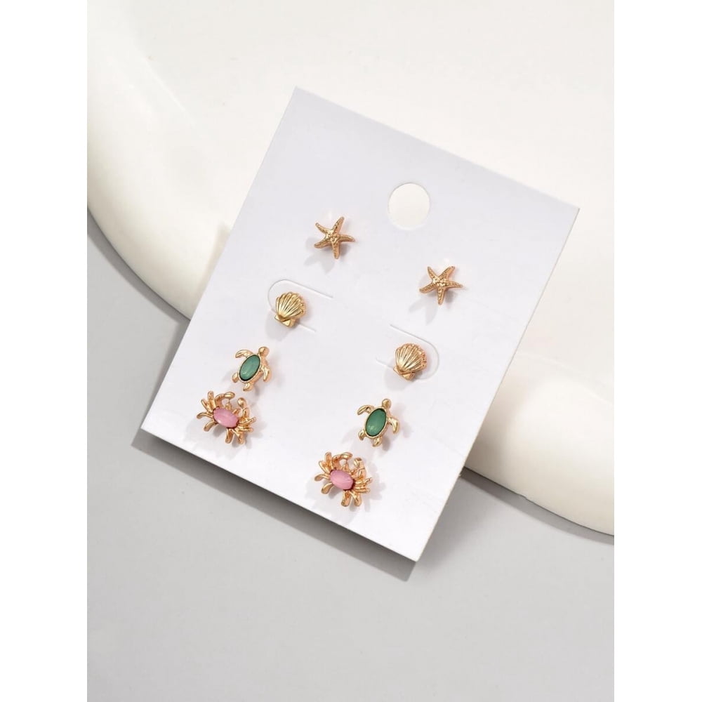 4 Pairs Yellow Gold Zinc Alloy Turtle Shell Starfish Crab Stud Earrings ...