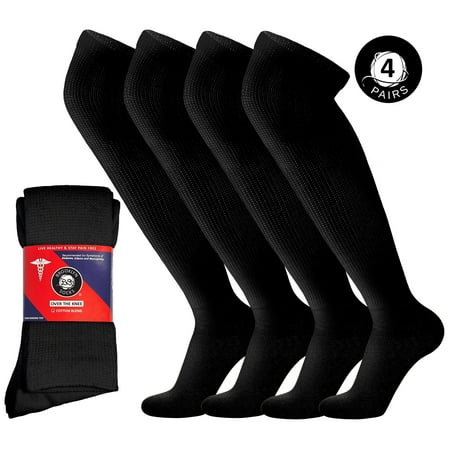 4 Pairs of Diabetic Over the Knee Cotton Socks (Black, Sock Size 10-13, Fits US Men's Shoe Size 10-11.5)