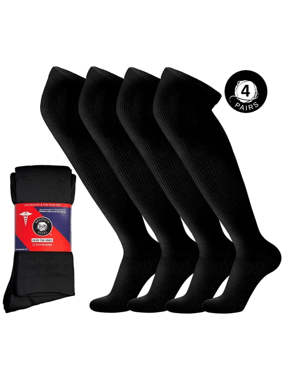 4 Pairs of Diabetic Over the Knee Cotton Socks (Black, Sock Size 10-13, Fits US Men's Shoe Size 10-11.5)