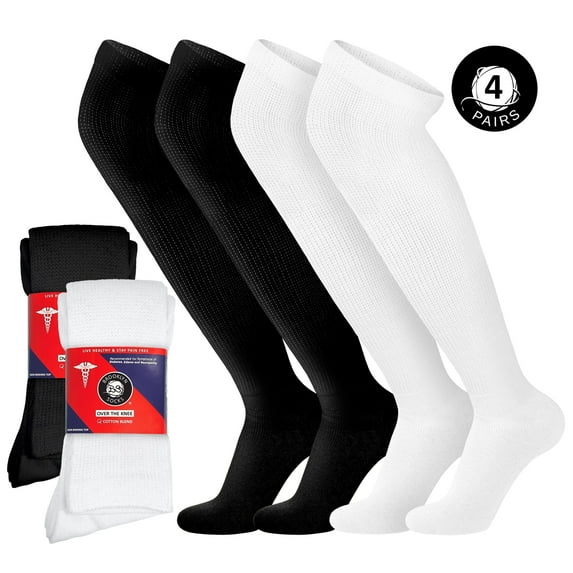 4 Pairs of Diabetic Over the Knee Cotton Socks (Black and White, Sock Size 13-16, Fits US Men's Shoe Size 12-13.5)