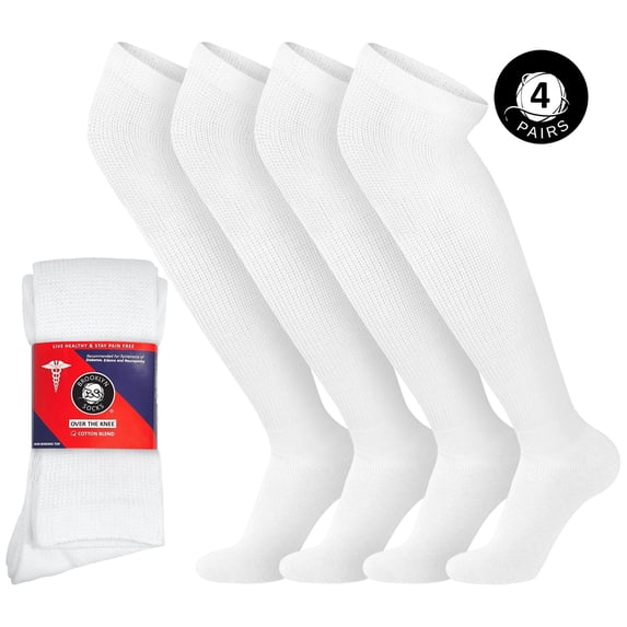 4 Pairs of Diabetic Over the Knee Cotton Socks (White, Sock Size 10-13, Fits US Men's Shoe Size 10-11.5)