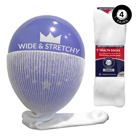 4 Pairs of Extra Wide Diabetic Socks, Mid/Over-the-Calf Medical Swollen Feet Socks (White, 10-16)