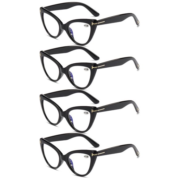 4 Pairs of Fashion Black Thick Oversized Cat Eye Reading Glasses for Women, Classic Anti-blue Light Readers Presbyopic Glasses +3.50