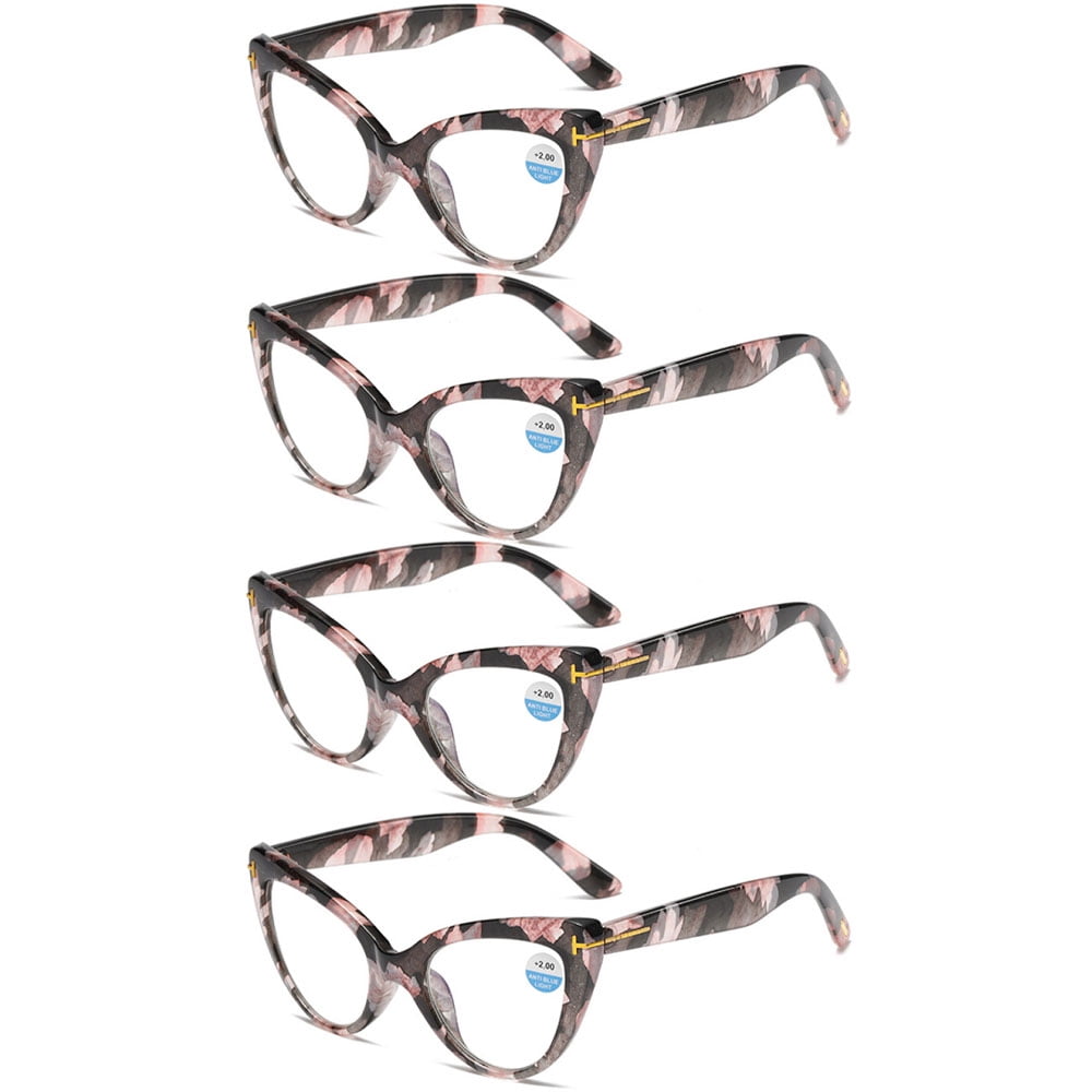 4 Pairs of Fashion Floral Print Thick Oversized Cat Eye Reading Glasses for Women, Classic Anti-blue Light Readers Presbyopic Glasses +3.00