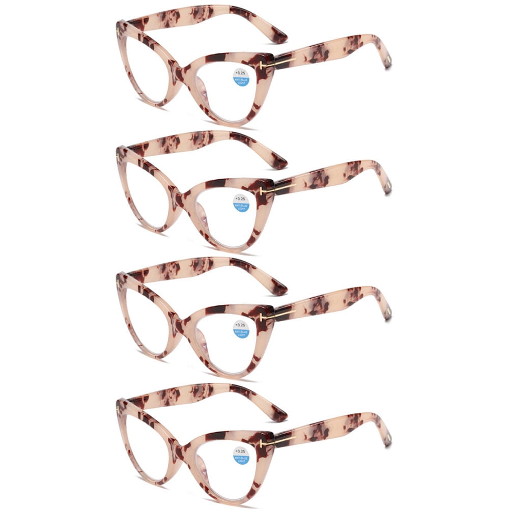 4 Pairs of Fashion Pink Tortoise Thick Oversized Cat Eye Reading Glasses for Women, Classic Anti-blue Light Readers Presbyopic Glasses +4.00