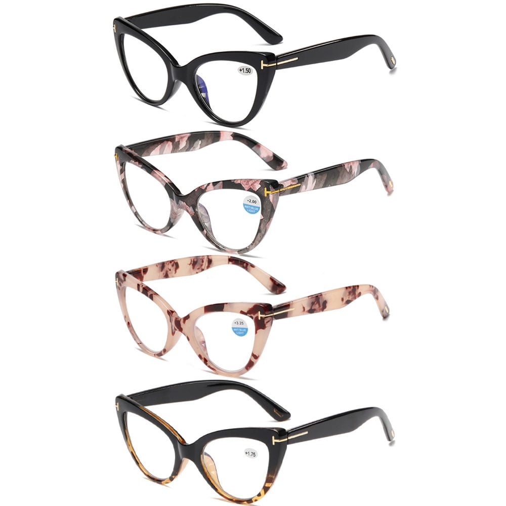 4 Pairs of Fashion Thick Oversized Cat Eye Reading Glasses for Women, Classic Anti-blue Light Readers Presbyopic Glasses +2.00