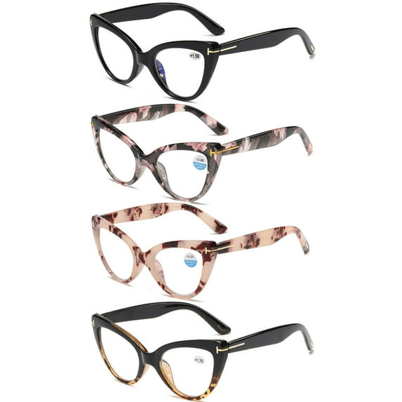 4 Pairs of Fashion Thick Oversized Cat Eye Reading Glasses for Women, Classic Anti-blue Light Readers Presbyopic Glasses +3.50