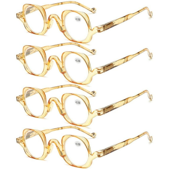 4 Pairs of Fashion Yellow Clear Frame Reading Glasses Personality Retro Featured Spring Hinge Square 40mm Round Plastic Readers +4.00