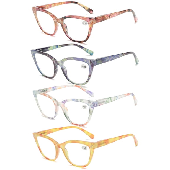 4 Pairs of Floral Cat Eye Reading Glasses 1.00 Ladies Spring Hinge Readers +1.00 for Women HD