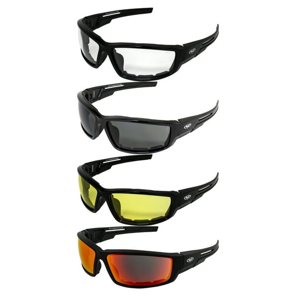 Global Vision 4 Pairs of Global Vision Sly Padded Motorcycle Riding Sunglasses Black w/ Clear Smoke Yellow & Red Mirror Lenses