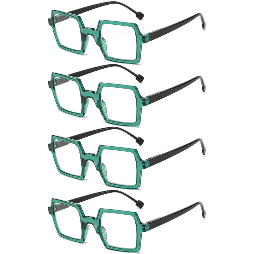 4 Pairs of Mens Green Personalized Oversized Square Reading Glasses Womens Spring Hinge Blue Light Blocking Readers +1.50