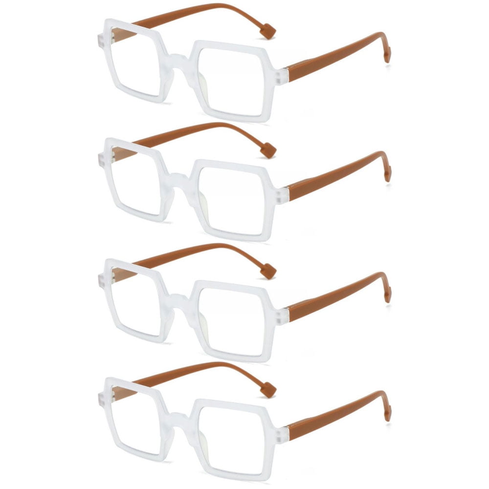 4 Pairs of Mens White Brown Personalized Oversized Square Reading Glasses Womens Spring Hinge Blue Light Blocking Readers +2.50