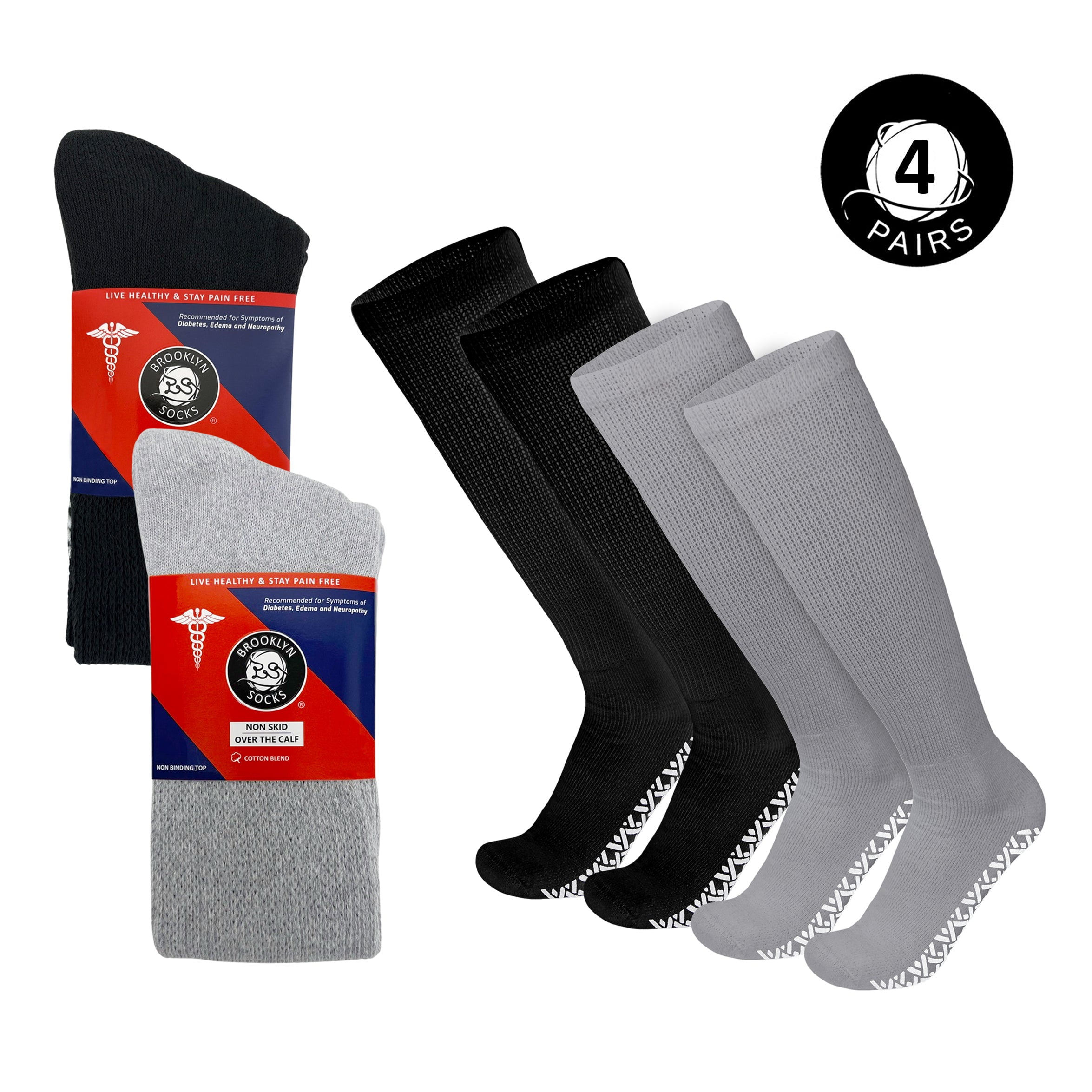 4 Pairs of Non Skid Over The Calf Diabetic Cotton Socks with Non Binding Top 2 Pairs Black and 2 Pairs Gray Fit Men s Shoe Size 9 11 5