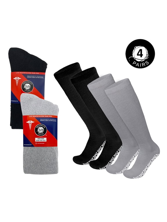 4 Pairs of Non-Skid Over-The-Calf Diabetic Cotton Socks with Non Binding Top (2 Pairs Black and 2 Pairs Gray, Fit Men's Shoe Size 9-11,5)