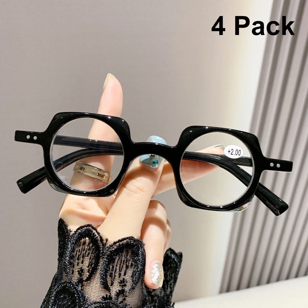 4 Pairs of Personality Retro Featured Black Reading Glasses 4.00 Square 40mm Round Plastic Blue Light Blocking Readers +4.00