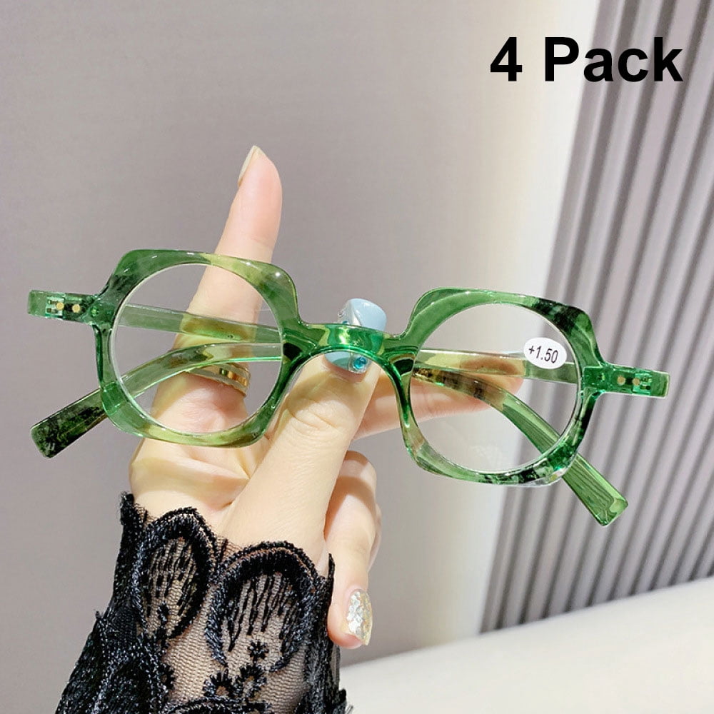 4 Pairs of Personality Retro Featured Green Reading Glasses 2.50 Square 40mm Round Plastic Blue Light Blocking Readers +2.50