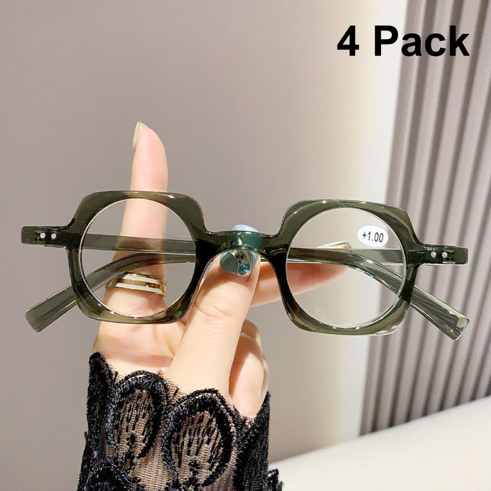 4 Pairs of Personality Retro Featured Grey Reading Glasses 3.50 Square 40mm Round Plastic Blue Light Blocking Readers +3.50