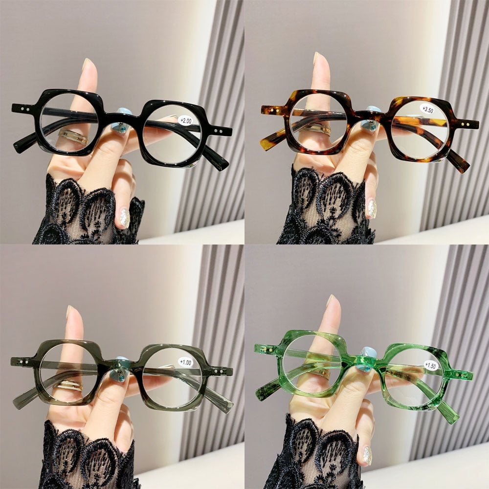 4 Pairs of Personality Retro Featured Reading Glasses 3.00 Square 40mm Round Plastic Blue Light Blocking Readers +3.00