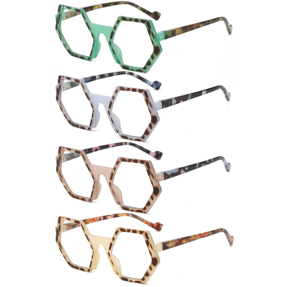 4 Pairs of Polygon Blue Light Blocking Reading Glasses 3.00 Oversized Tortoiseshell Presbyopic Glasses Stylish Candy Color Spring Hinge Readers +3.00