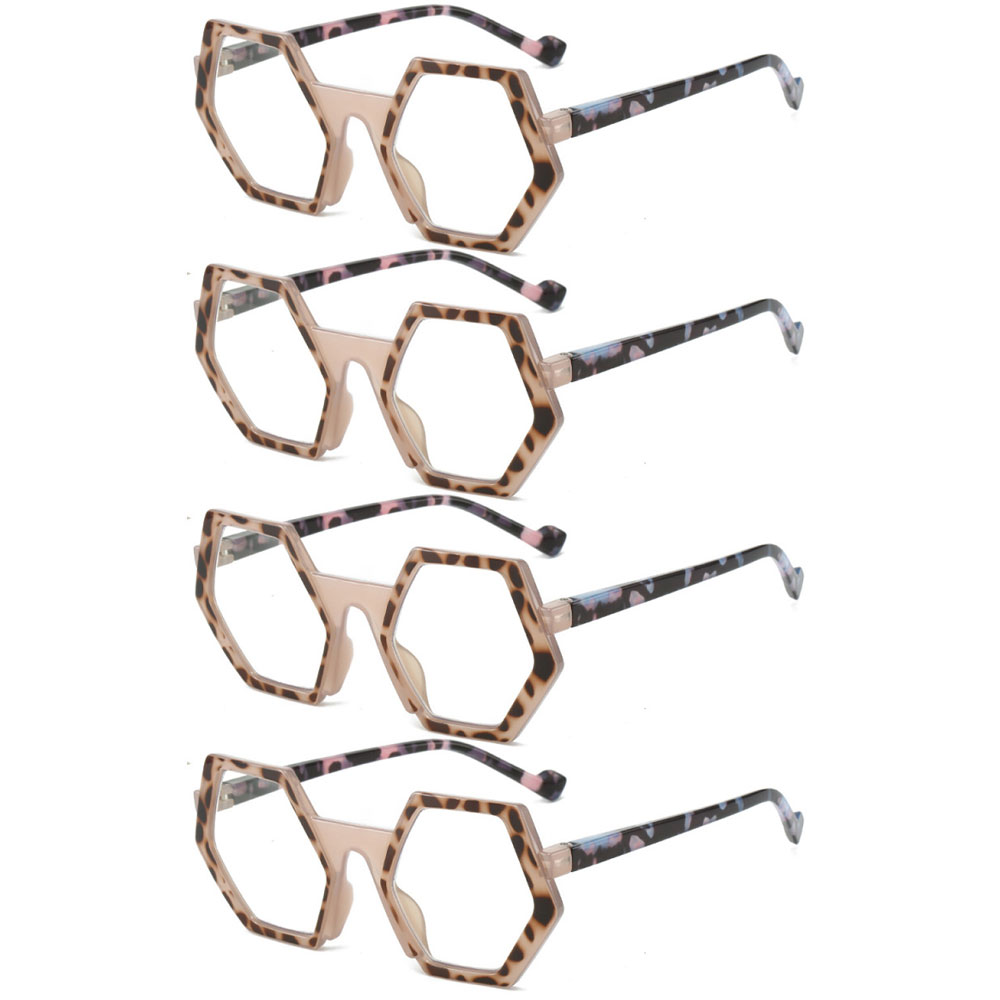 4 Pairs of Polygon Blue Light Blocking Reading Glasses Oversized Pink Tortoiseshell Presbyopic Glasses Stylish Candy Color Spring Hinge Readers