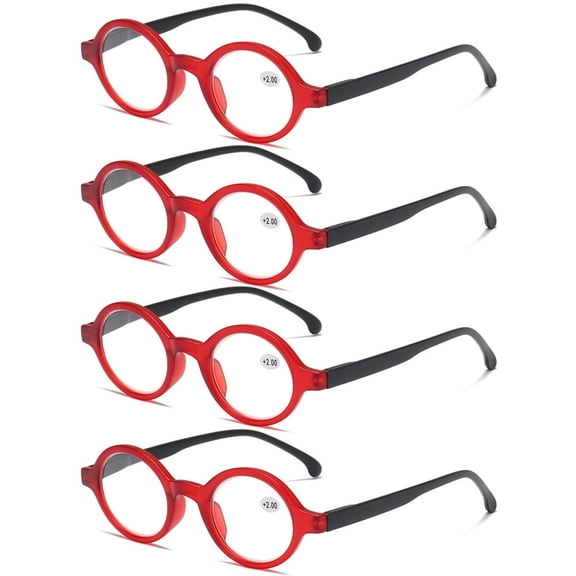4 Pairs of Red Classic Oval Round Reading Glasses For Women and Men, Spring Hinge Readers +2.50