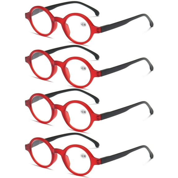 4 Pairs of Red Classic Oval Round Reading Glasses For Women and Men, Spring Hinge Readers +3.00