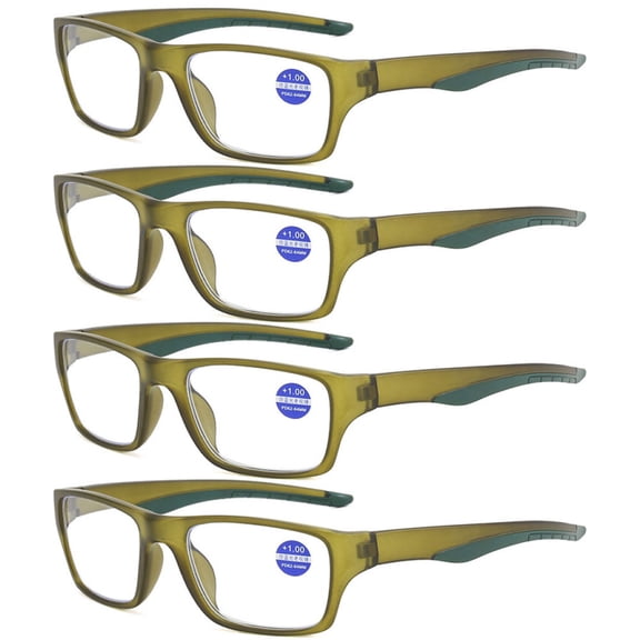 4 Pairs of Sports Square Blue Light Blocking Reading Glasses for Men and Women, Personalized Green Presbyopic Glasses Oversized Readers +1.00
