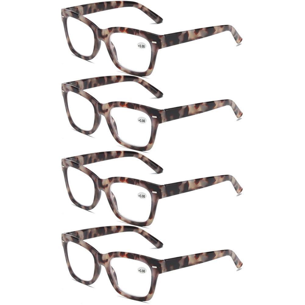 4 Pairs of Thick Oversize Square Reading Glasses for Women and Men, Blue Light Blocking Gray Tortoiseshell Spring Hinge Readers +4.00