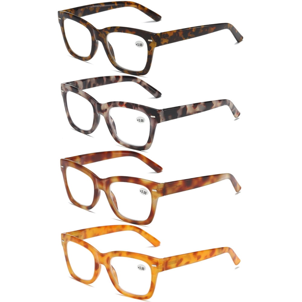 4 Pairs of Thick Oversize Square Reading Glasses for Women and Men, Blue Light Blocking Tortoiseshell Spring Hinge Readers +2.50