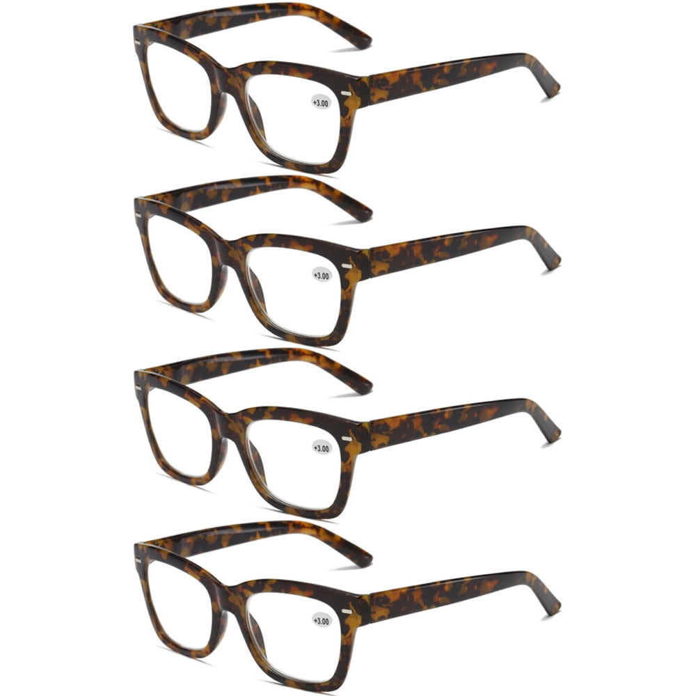 4 Pairs of Thick Oversize Square Reading Glasses for Women and Men, Blue Light Blocking Tortoiseshell Spring Hinge Readers +3.50