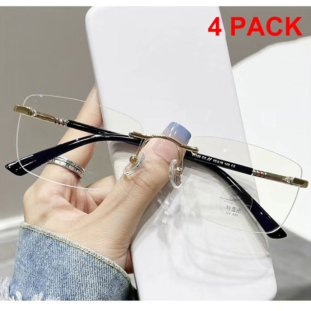4 Pairs of Women Black Rimless Rectangular Reading Glasses, Men Frameless Metal Blue Light Blocking Readers